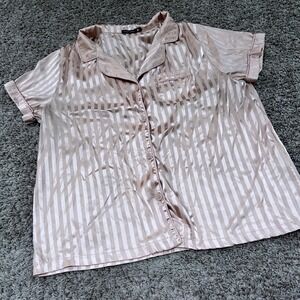 Tart Intimates Womens XL Pink Striped Satin Button Down Pajama Top Short Sleeve‎